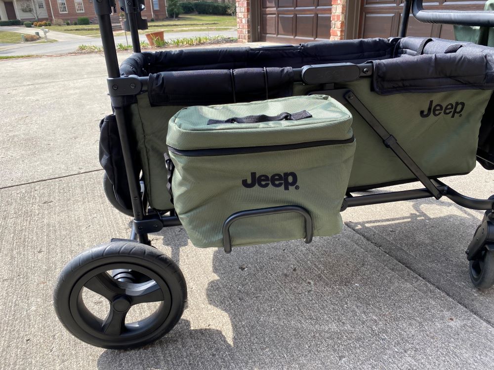 Jeep Wrangler stroller wagon with cooler bag on the side