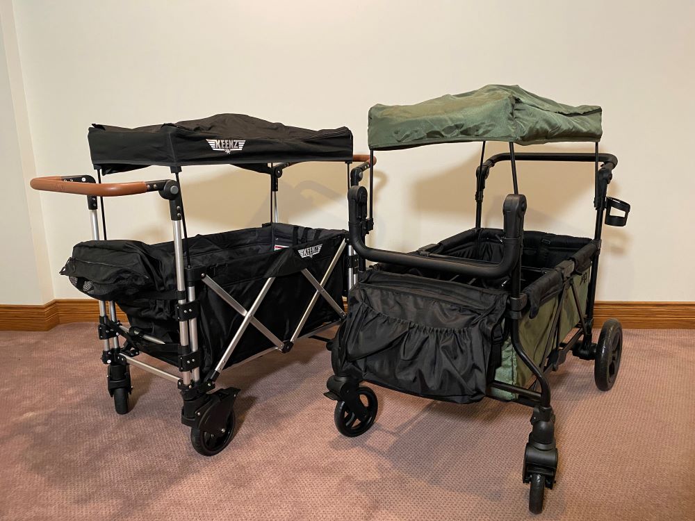Keenz 7S sitting side by side with the Jeep Wrangler stroller wagon