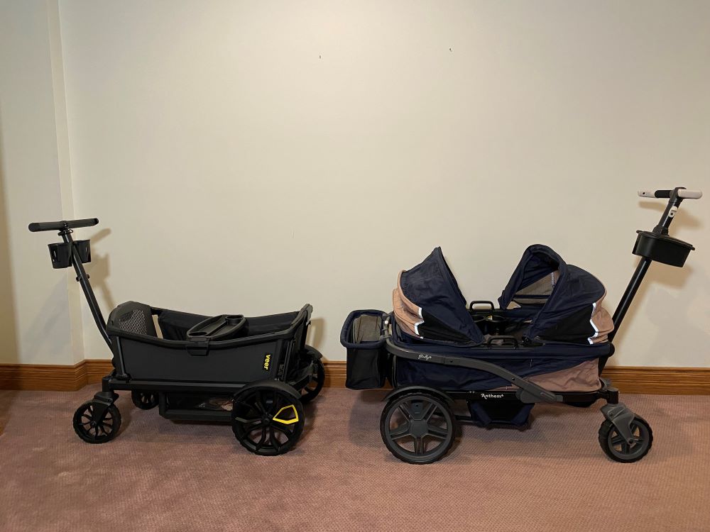 the veer cruiser and gladly anthem4 stroller wagons facing each other