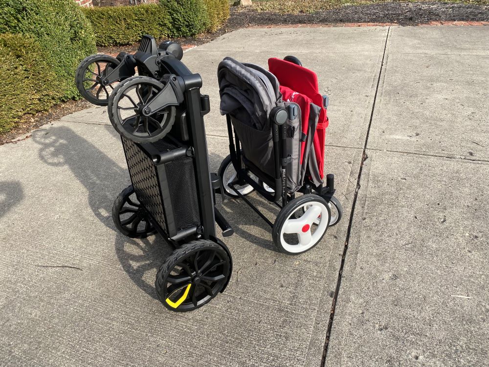 Veer Cruiser and Radio Flyer Discovery stroller wagons standing folded