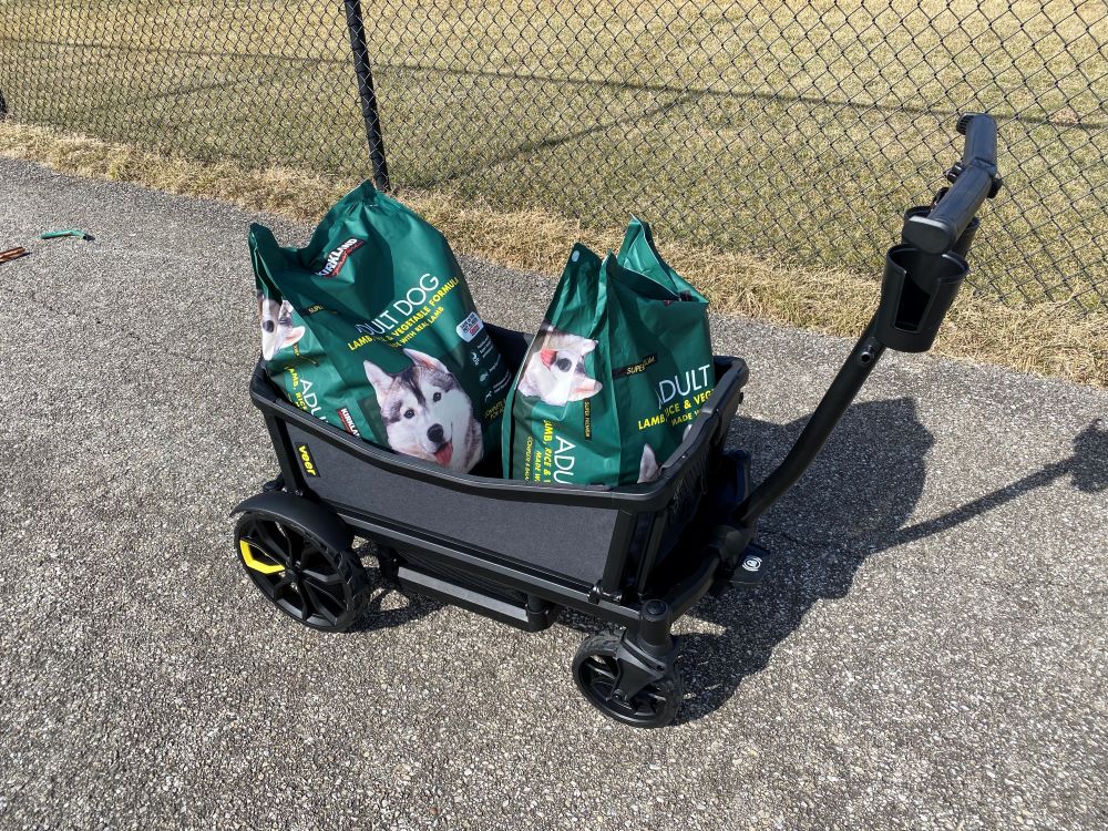 The veer cruiser stroller wagon loaded with 80 lbs of dog food