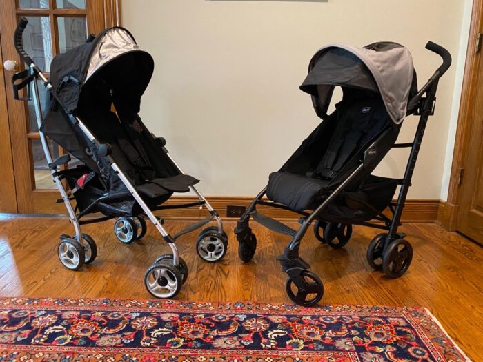 the summer infant 3d lite stroller on left and chicco liteway on right both turned sideways