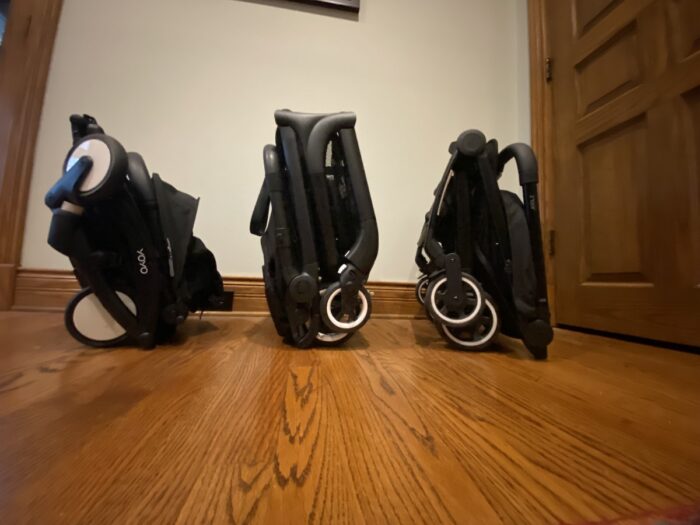 from left to right the yoyo2, butterfly and aer strollers folded and standing up side by side
