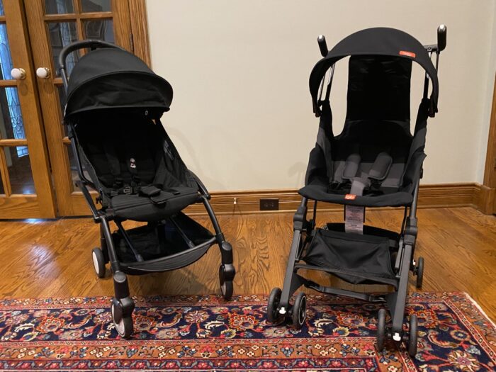 babyzen yoyo2 stroller on the left and the gb pockit+ all-terrain stroller on the right