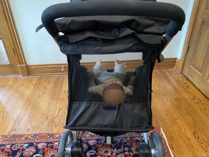 b-lively showing mesh back when seat is reclined and baby doll visible from the back