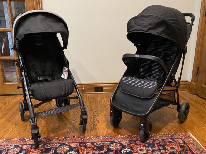 chicco liteway stroller on left and gracon nimblelite on right