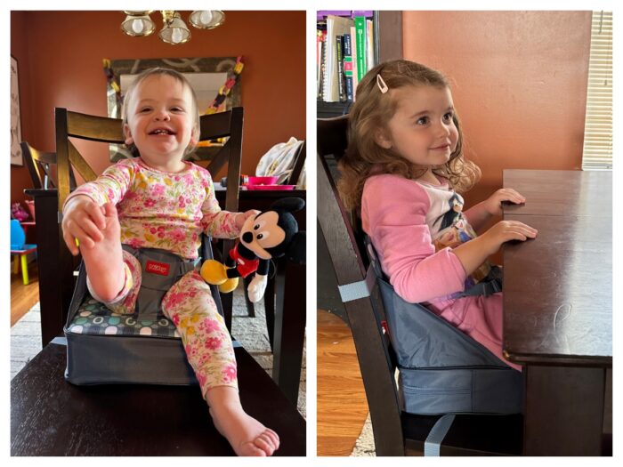 Our one-year-old and three year old test subjects both sitting in the Nuby Easy Go
