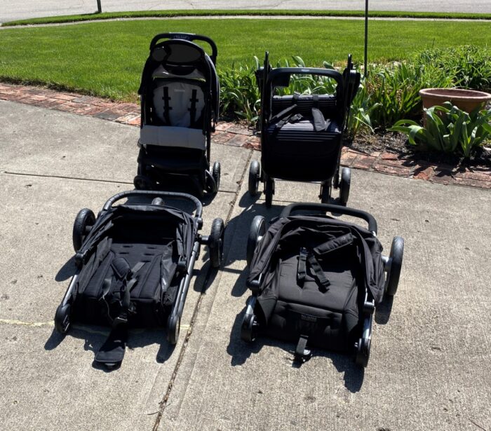 top left to bottom right, Kolcraft cloud plus, graco nimblelite, britax b-lively, baby jogger city mini gt2