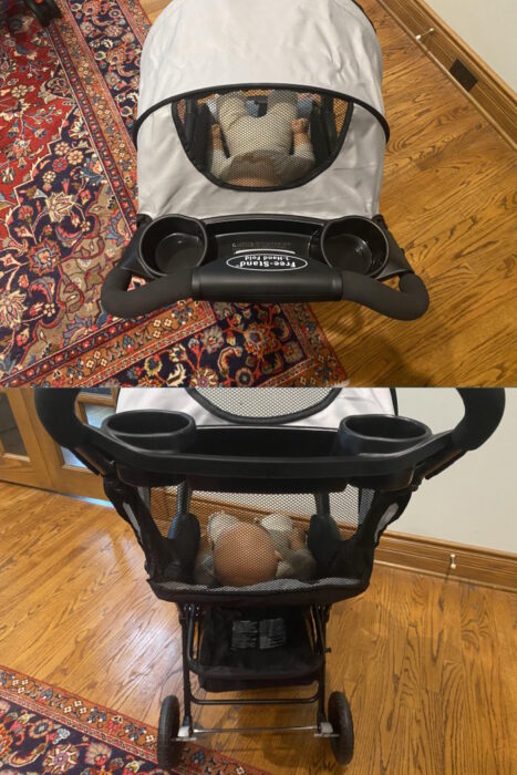 two images of the kolcraft cloud plus. Top image is a view of doll in seat through peekaboo window. Lower image is view of doll through mesh canopy