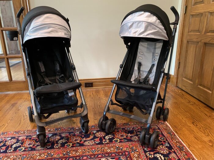 uppababy g-luxe stroller on the left and uppababy g-lite stroller on the right