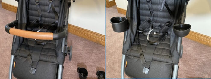 two photos stiched together. On the left the zoe tour+ with belly bar and on the right the same stroller with kid cup holder and snack holder attached in place of belly bar