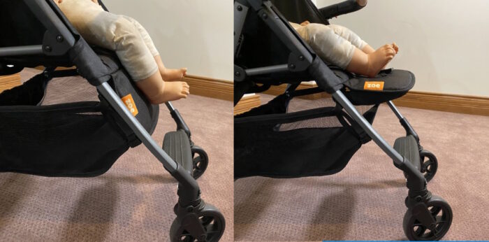 leg rest down on the left, leg rest raised on the right. Showing a doll's leg's hanging over in both photos