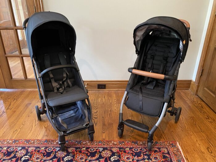 uppababy minu on left, zoe tour+ luxe on right