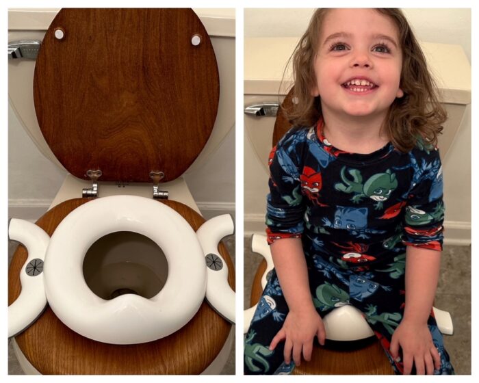 Side by side view of Oxo Tot set up next to a child testing the seat