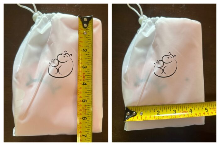 View of the Hippypotamus seat in its pouch, measuring at 7" x 5"