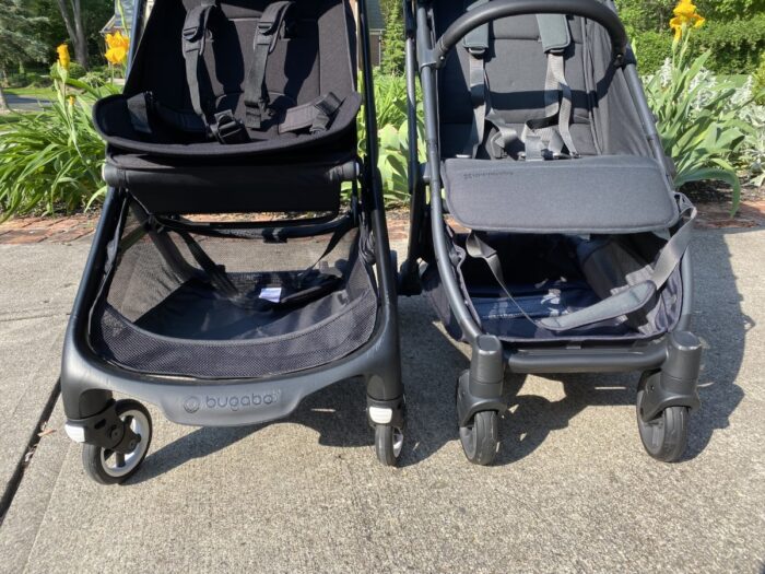 front view of storage basket access to the bugaboo butterfly on left and uppababy minu v2 right. The MINU's is clearly smaller and less accessible.