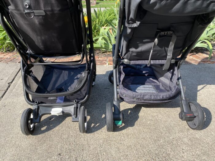 showing the storage baskets of both strollers from the rear view