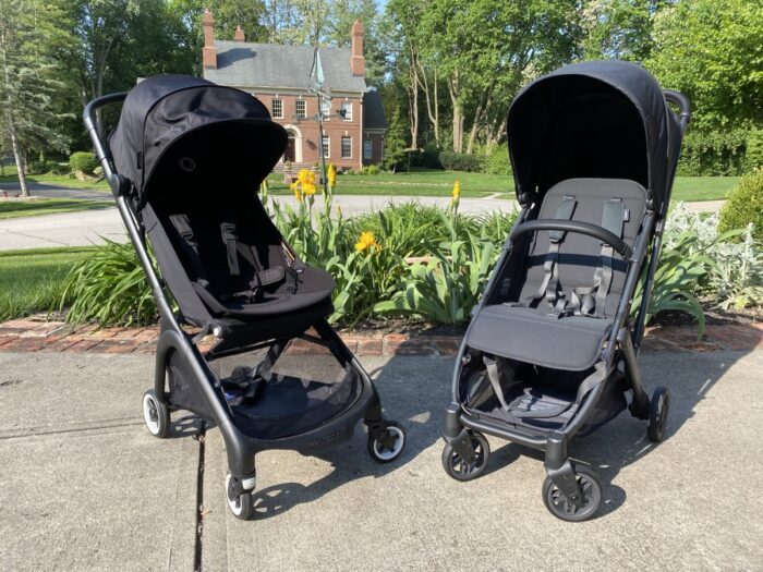 bugaboo butterfly on left, uppababy minu v2 on right, front view, outside
