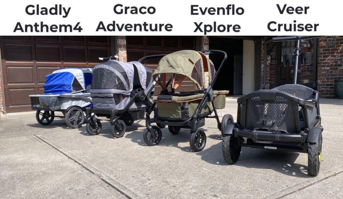 4 strollers lined up. Gladly anthem4, graco adventure, evenflo xplore and veer cruiser