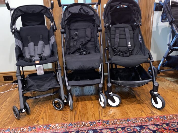 Left to right: gb Pockt+, Cybex Libelle, Babyzen YoYo2 showing front of strollers. Notice the two bars blocking the basket of the YoYo.