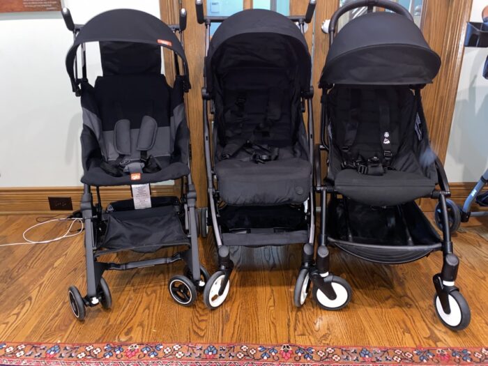 Pockit+, Libelle, YoYo2 strollers side by side with canopies lowered