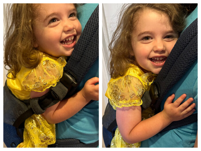 Side by side of four-year-old in the Harmony. Arms under the straps and arms over the straps