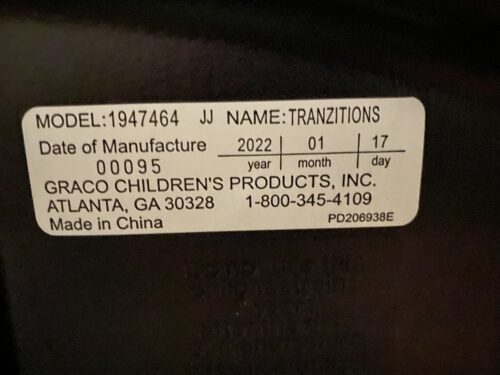 Graco car seat label on the bottom of the car seat