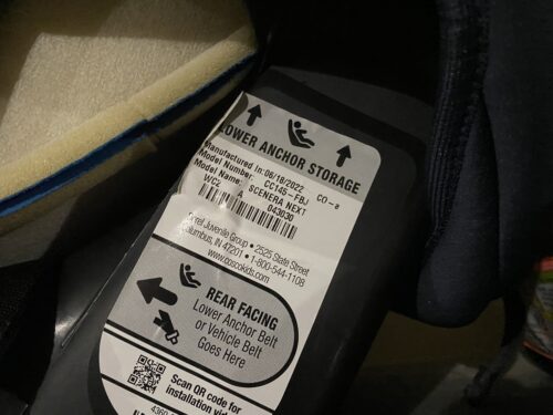 Dorel Juvenile Serena car seat label on the side of an infant car seat